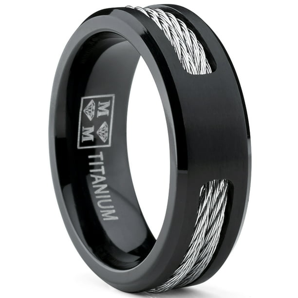 Men's Black Titanium Wedding Band With Stainless Steel Cables size 10.5